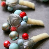 Vintage Inspired Shell Boutonniere - Aqua and Red