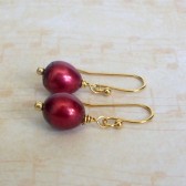 Cranberry Red Freshwater Pearl and 14K Gold Plated Dangle Earrings