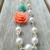 Coral and Turquoise Rose Asymmetrical Necklace with White Swarovski Pearls