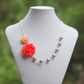 Coral and Peach Rose and White Pearl Asymmetrical Necklace