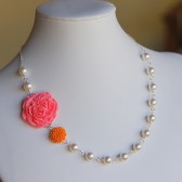 Pink and Orange Asymmetrical Necklace with White Pearls