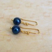 Deep Blue Freshwater Pearl and 14k Gold Plated Dangle Earrings