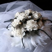 Black and White Spotted Feather and Paper Flower Bouquet