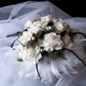 Black and White Spotted Feather and Paper Flower Bouquet