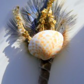 Shell Boutonniere Corsage, Beach Theme with Coral and Sandy Feathers