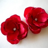 Shoe Clips Red Roses Satin Flowers with Rhinestone Center Handmade customize your color