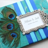 peacock wedding guest book in teal and rhinestones