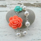 Coral and Turquoise Roses in Asymmetrical Pearl Necklace