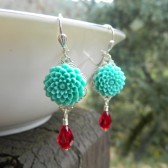 Aqua Flower and Red Crystal Teardrop Earrings