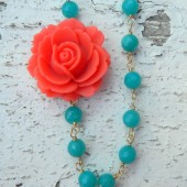 Coral Rose and Teal Jade Asymmetrical Neclace