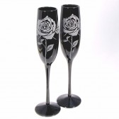 black champagne flutes, rose, etched glass