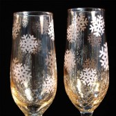 Winter Wedding Champagne Flutes, Gold Crackle Glass, Snowflakes