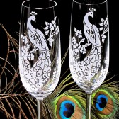 peacock wedding champagne flutes, engraved fine crystal