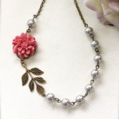 A Sweet Rose Pink Flower, Oxidized Branch Leaf , Silver Grey Swarovski Pearls Antiqued Brass Necklace.