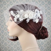 wedding veil, birdcage veil - tulle blusher veil with lace and silk flowers