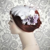 feather fascinator, wedding fascinator with purple flowers