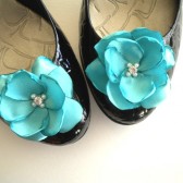 Shoe Clips Tiffany Blue Roses Satin Flowers with Rhinestone Center