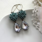 A Blue Dahlia Mum Flower with Vintage Teardrop Pear Glass Jewels Earrings. Wedding. Bridal Earrings. Bridesmaid Gifts.
