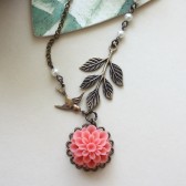 A Soft Coral Pink Chrysanthemum, Dahlia Flower, Flying Bird, and Leaf Branch with Ivory Pearls Necklace.