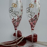Hand painted Wedding Toasting Flutes Set of 2 Personalized Champagne glasses Silver initials Red and white liitle roses