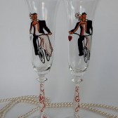 Hand painted Wedding Toasting Flutes Set of 2 Personalized Champagne glasses Groom and Bride Married on bicycle