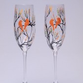 Hand painted Wedding Toasting Flutes Set of 2 Personalized Champagne glasses Trees and golden orange birds