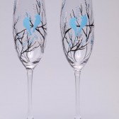 Hand painted Wedding Toasting Flutes Set of 2 Personalized Champagne glasses Black trees and blue birds
