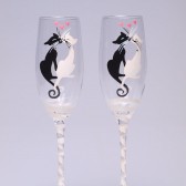 Hand painted Toasting Flutes Set of 2 Personalized Champagne glasses Black and White Cats with Crystals