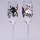 Hand painted Wedding Toasting Flutes Set of 2 Personalized Champagne glasses Groom and Bride on Bicycle