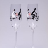 Hand painted Wedding Toasting Flutes Set of 2 Personalized Champagne glasses Groom and Bride on Vintage Bicycle