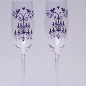 Hand painted Wedding Toasting Flutes Set of 2 Personalized Champagne glasses Deep purple chandelier with crystal and birds