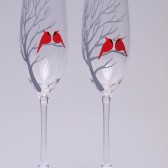 Hand painted Wedding Toasting Flutes Set of 2 Personalized Champagne glasses Red cardinals on branch