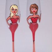 Hand painted Bridal shower party Toasting Flutes Personalized Champagne glasses Portraits and red dresses