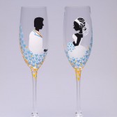 Hand painted Wedding Toasting Flutes Set of 2 Personalized Champagne glasses Love in Blue Sky blue, yellow and white