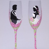 Hand painted Wedding Toasting Flutes Set of 2 Personalized Champagne glasses pink and green flowers