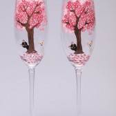 Hand painted Wedding Toasting Flutes Set of 2 Personalized Champagne glasses Blooming trees and cats