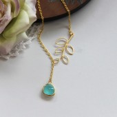 A Leaf Branch and Blue Mint Opal Glass Jewel Lariat Necklace.Lovely Gift. Bridesmaid Necklace. Bridesmaid Gift. Bridal Gift Party.