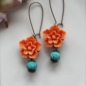 A Bright Orange Sakura Flower with Howlite Gemstone Beads Earrings. Cheerful. Summer.
