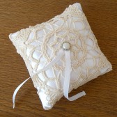 Small satin ring pillow with tea dyed doily