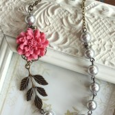 A Unique Rose Pink Flower, Oxidized Branch Leaf , Silver Grey Swarovski Pearls Antiqued Brass Necklace