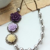 Shades of Purple, Plum, Ivory, and Grey Pearls, Multi Flower Necklace