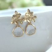 Gold Cherry Blossom with Clear Glass Jewel Earrings
