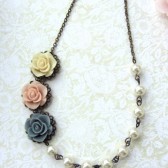 A Trio Three Soft Rose Flowers, Pink, Blue Grey, Ivory with Swarovski Ivory Pearls Vintage Style Necklace