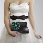 Black and White Polka Dot Clutch with Emerald Flower Brooch