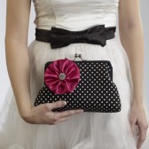 Black and White Polka Dot Clutch with Fuschia Flower Brooch