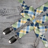 Green, blue & yellow diagonal plaid bow ties and suspenders