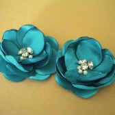 Shoe Clips Teal Blue Satin Flowers with Rhinestone and Pearl Center Handmade 