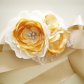 Eva - Dusty Gold Lace and cream flowers Bridal sash headband Handmade Wedding