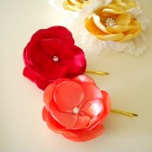 Red and Coral Satin Flower Pin Handmade Wedding Prom Party Holidays Christmas