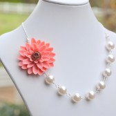Bridesmaid Statement Necklace with Large Coral Flower and Chunky White Swarovski Pearls. Asymmetrical Flower Pearl Statement Necklace.